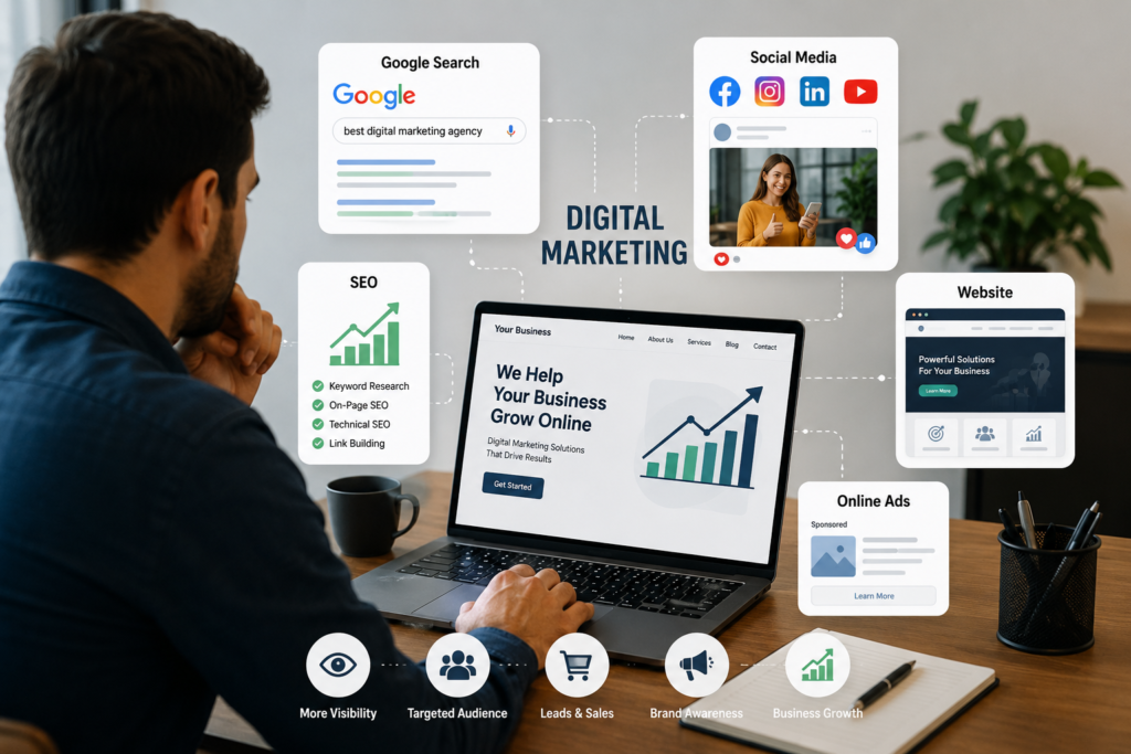 Why Every Business Needs Digital Marketing: Business owner using a laptop surrounded by digital marketing elements including Google Search, social media, SEO, websites, and online ads.