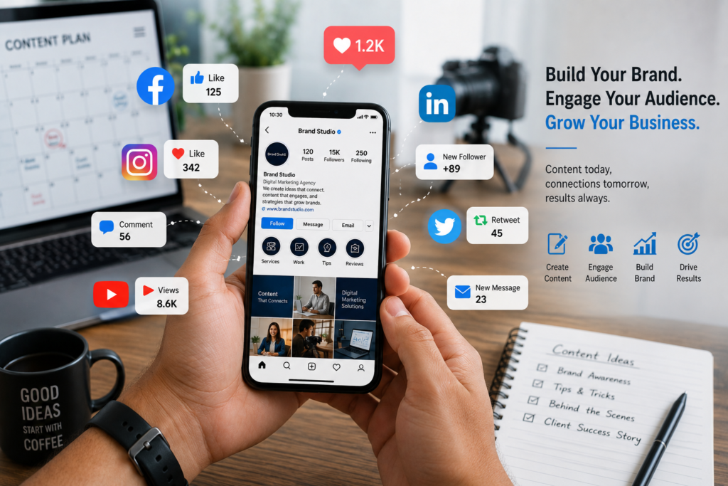Why Every Business Needs Digital Marketing: A business owner creating social media content with a smartphone, surrounded by likes, comments, messages, followers, and social media marketing elements.